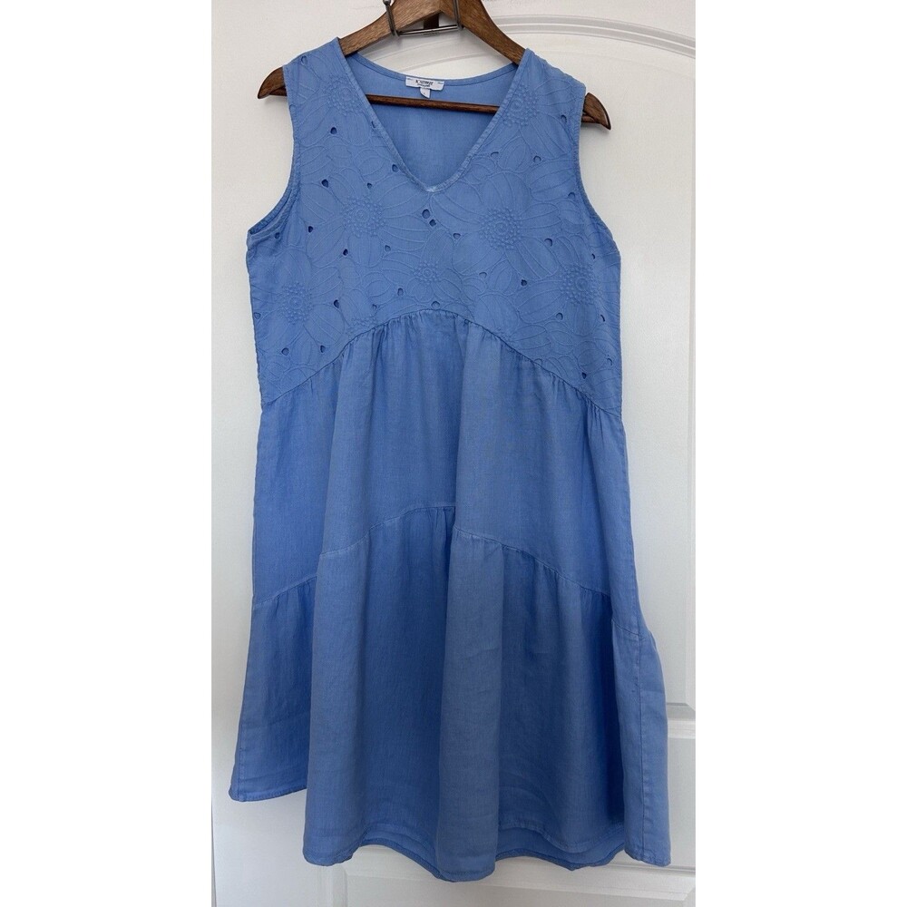 Rosemarine Dress Large Blue Linen Eyelet Embroidered Sleeveless Relaxed Tiered